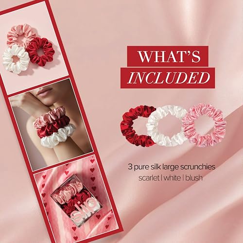 slip Large Scrunchies: Rosy | Set of 3 Pure Silk Large Scrunchies | Includes 1 Scarlet, 1 Rose, 1 White | 100% Mulberry Silk, Anti-Crease, Gentle on Hair, Reduces Breakage