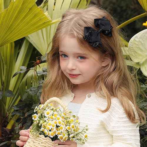 2pc Glitter Black Ribbon Hair Bow Clips 4inch Shiny Alligator Barrettes Pins for Teens Girls Kids Women Graduation Halloween Dress up Party Costume outfit Decor Accessory