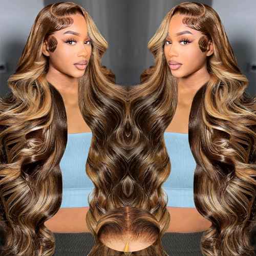 LuAiJa 26 Inch Glueless Ombre Lace Front Wig Human Hair Honey Blonde Wigs Human Hair Pre Plucked Pre Cut 9x6 Highlight Wig 200% Density #4/27 Loose Wave Wig for Women