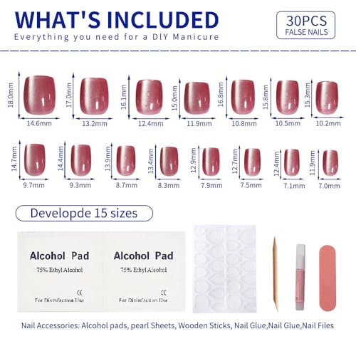 Jelly Rosy Pink Press On Nails Short Square – 30pc Kit with Cat Eye Glow