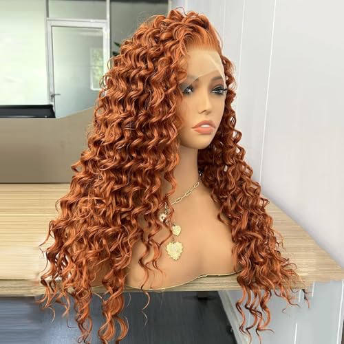 RONGDUOYI Ginger Long Curly Lace Wig Synthetic Frontal Lace Wigs with Free Part Heat Friendly Synthetic Lace Front Wigs for Women Princess Merida Cosplay Wig 26Inch