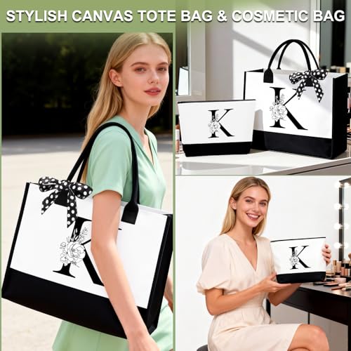 Birthday Gifts for Women, Personalized Mother¡¯s Day Gift for Women, Monogrammed Initial Gift for Her Teacher Wife Mom Friend Daughter Sister Girlfriend, Initial Tote Bag & Makeup bag (K)
