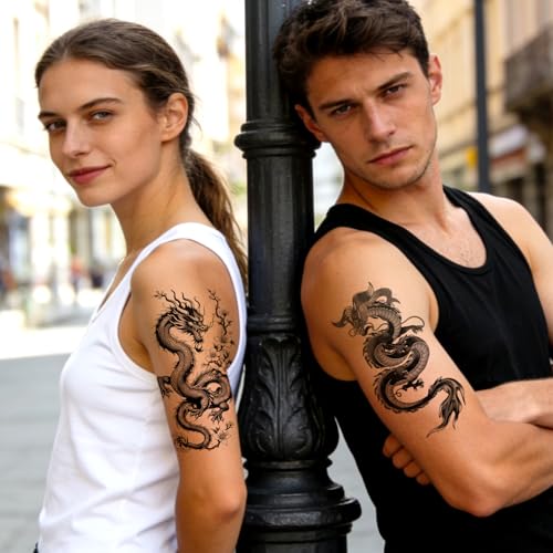 Konsait Large Dragon Temporary Tattoos for Men Women, 10 Sheet Half Arm Set