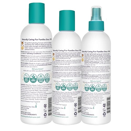 Fairy Tales Curly Q Hydrating Kids Shampoo 12oz, Conditioner 8oz, and Styling Spray Gel 8oz - Paraben, Sulfate, Gluten, and Nut Free - For All Curl Types Including Multi Cultural Hair (3 Pack)