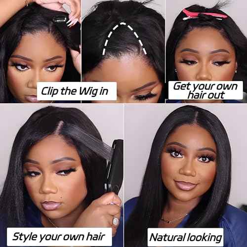 V Part Wig Human Hair Kinky Straight Vpart Human Hair Wig 16 Inch Upgrade U Part Wig Yaki Straight Clip in Half Wigs for Black Women Glueless No Leave Out 180% Density Natural Color