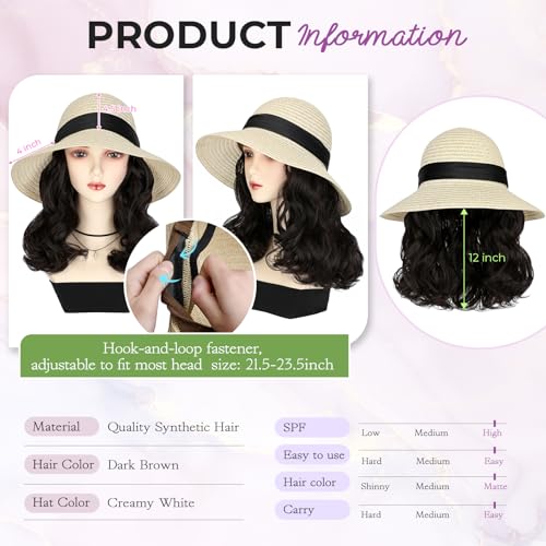 Straw Sun Hat with Detachable 12" Wavy Hair Extensions