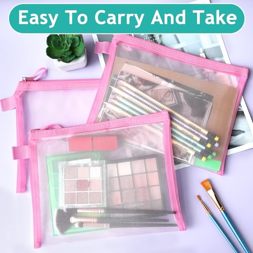 12-Piece Nylon Zipper Pouch Set, Pink Mesh Cosmetic Bags, Zippered Travel & Office Supplies Organizers - A5