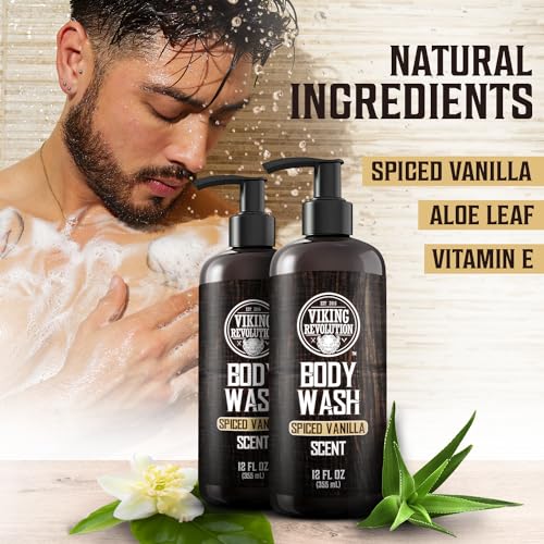 Viking Revolution Men's Body Wash - Spiced Vanilla Mens Body Wash - Mens Natural Body Wash for Men with Vitamin E and Rosemary Oil - Shower Gel Body Wash Men (12 Fl Oz, Pack of 2)