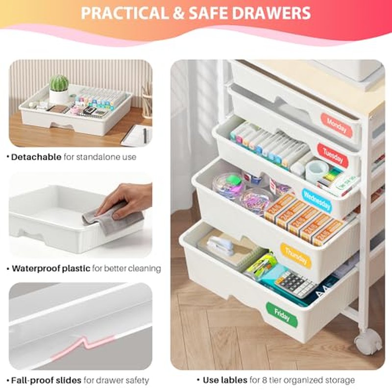 Goovilla 5-Tier Rolling Cart with Lockable Drawers & Wooden Top
