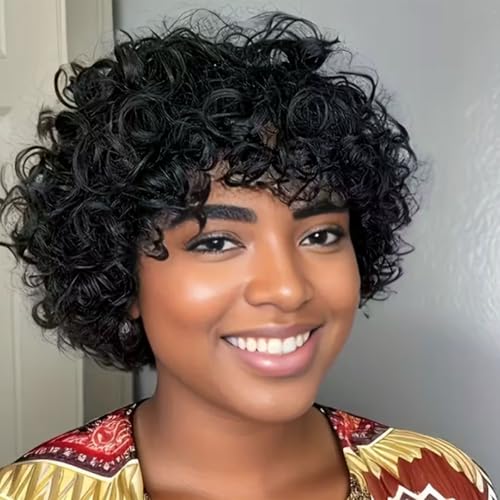 Adette Brazilian 6" Short Curly Wig with Bangs, 180% Density, Natural Black – 602-1B