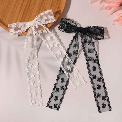 4Pcs Large lace Hair Clips for Women Girls,Lace Tassel Bows Metal Clips with Long Tail Ribbons,Cute Hair Bows Barrette for Hair Accessories(Black,White)