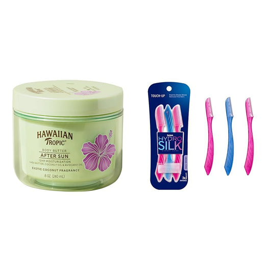 Hawaiian Tropic After Sun Body Butter with Coconut Oil, 8oz and Schick Hydro Silk Dermaplaning Tool with Precision Cover, 3ct Bundle