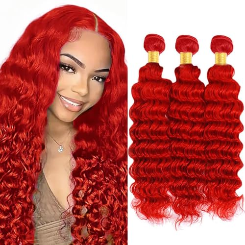 GRed-Wine Red Deep Wave Hair Bundles 3 Pcs 18, 20, 22 Inch Unprocessed Brazilian Remy