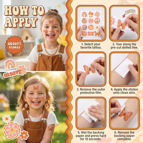 96 PCS Groovy Retro 70s Temporary Tattoos for Kids