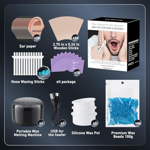 Nose Wax Kit Men Upgraded Version 100g Wax USB Fast Heat Smart Constant Temp 40 Nose Hair Sticks 3 Silicone Pots Travel Size Unisex Suitable for Different Body Parts