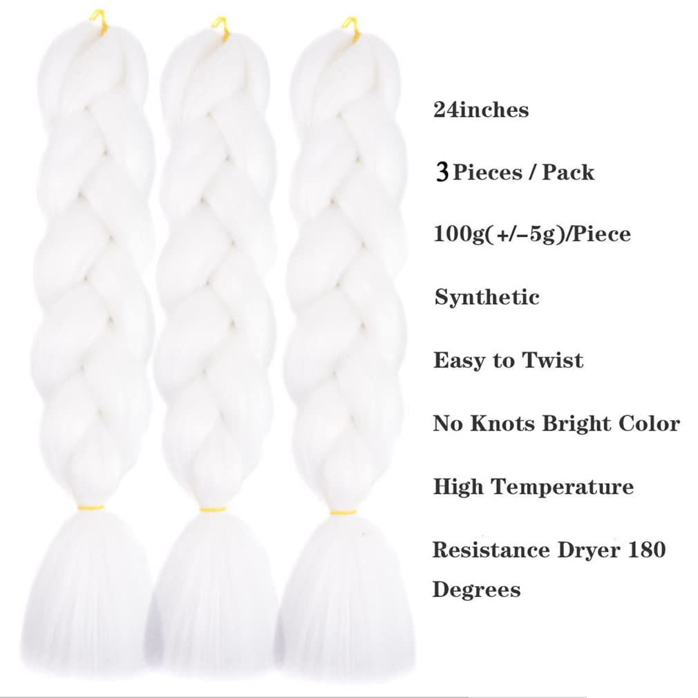 Jumbo Braiding Hair For Women and Girls 24 Inch Soft Braid Hair Extensions 3Packs Braiding Hair High Temperature Synthetic Fiber (white)