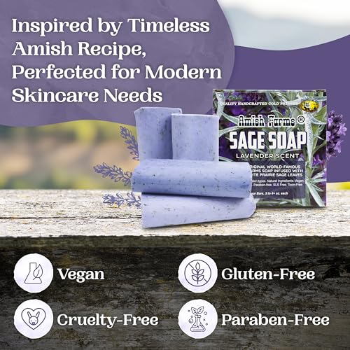 Amish Farms Sage Soap Bar, Original Recipe with Bentonite Clay, Lavender Scent ? Handmade in USA, Face & Body Soap Scrub, No Parabens, No SLS, Gentle for Sensitive Skin (4 Bars)