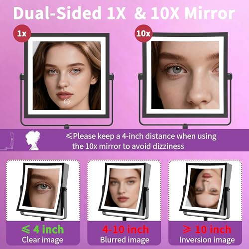 Wall Mounted Lighted Makeup Mirror, Rechargeable Double-Sided 1X/10X Magnifying Mirror with Light, Touch Dimmable 3 Color Lights, 360¡Æ Rotation Extendable Arm (Matte Black)