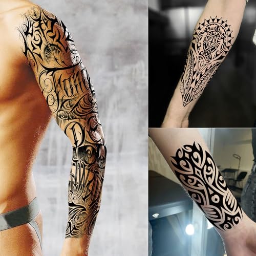 20 Sheets Maori Flower Full Arm Sleeve Temporary Tattoos For Women Adults Thigh, Half Arm Sleeve Tattoos For Men Prayer Rose Peony Florals Eagle Wolf Angel Wings, Black Halloween Fake Tattoo Stickers