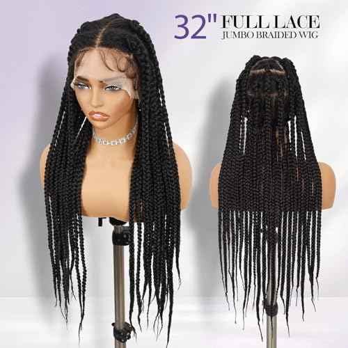 Fancy Hair 360 Full Lace Jumbo Braided Wigs for Black Women Glueless Long Knotless Box Braided Wig for African American Women (Natural Black)
