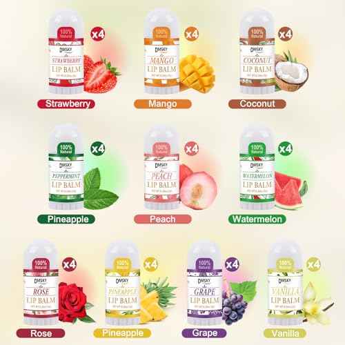 DMSKY 40 Pack Mini Lip Balm, Natural Lip Balm Bulk with Vitamin E and Coconut Oil, Moisturizing Lip Balms for Dry Cracked lips - 10 Flavors