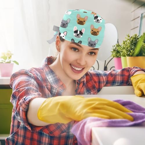 2 Pack Scrub Caps Surgical Hat for Women, Cartoon Dogs Nurse Hat Unisex Tie Back Hat, Long Hair