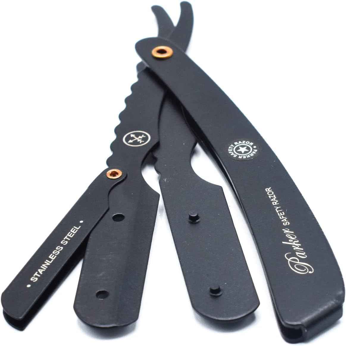 Parker SRXBLK Professional Stainless Steel Clip‑Style Barber Razor – Heavy‑Duty Black Finish with 5 Refill Blades, Ergonomic Weight for Barbers & Straight Razor Shaving Enthusiasts