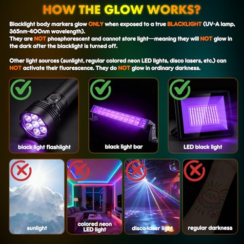 Glow in Dark Face Paint Markers - 10 UV Neon Colors