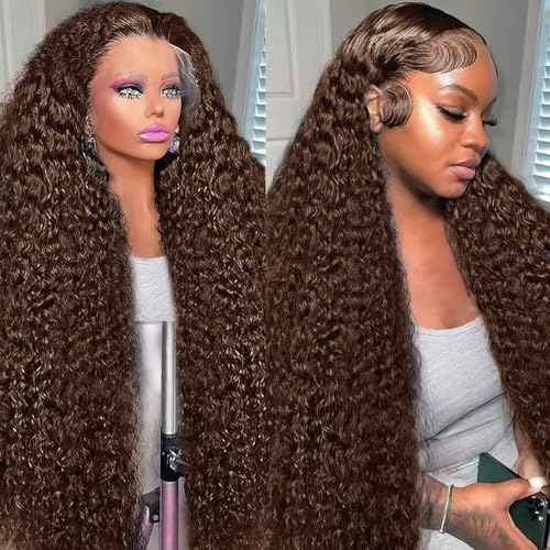 Chocolate Brown 13x6 Deep Wave Lace Front Wigs Human Hair 210Density Curly Wig HD Lace Front Wigs Human Hair Pre Plucked Frontal Wigs Human Hair Brown Glueless Wig For Women 32Inch
