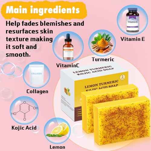 Lemon Turmeric Kojic Acid Soap Bar, Turmeric Soap Bar with Vitamin E for Dry Sensitive Skin, Lemon Soap for Face, Body Hands 2 Bars