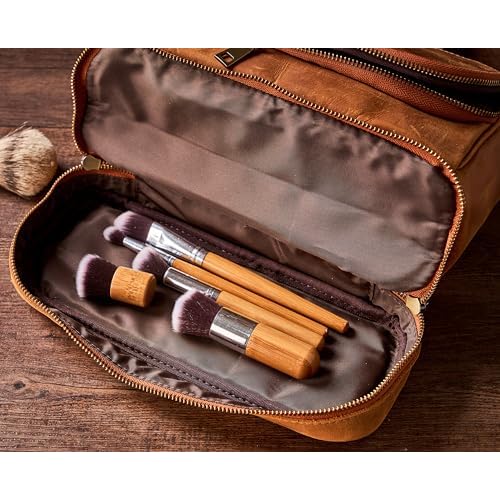 EURYNOME Travel Toiletry Bag For Men, Genuine Leather Shaving Dopp Kit Bottom Storage Holds More (11x8.6x4.7)-Mens Toiletry Bag -Leather Makeup Cosmetic Organizer Kit - Men Travel Toiletries Bag