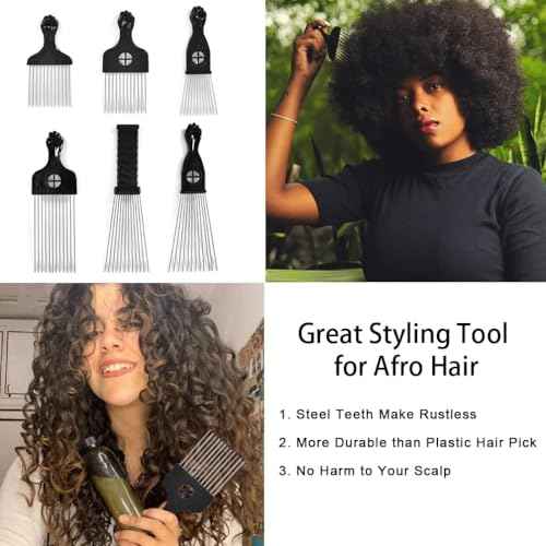 6 Pack Curly Afro Hair Metal Hair Picks, Metal Tool Hair Combs for Men Women Afro Wigs (Black)