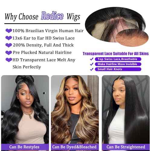 Redice 32-Inch 13x6 Body Wave Lace Front Human Hair Wig - Pre-Plucked, Glueless, 200% Density HD Transparent Lace With Baby Hair