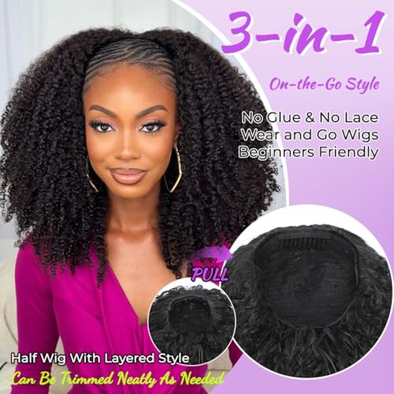20 Inch Kinky Curly Half Wig with Drawstring & Headband