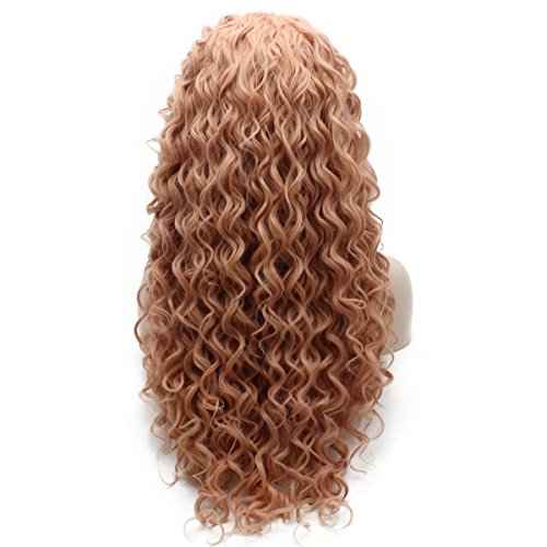 iwonawig Iewig Rose Golden Pink Front Lace Wig Long Curly Synthetic Lace Front Heat Friendly Fiber Half Hand Tied