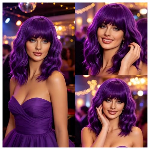Dark Purple Short Wavy Bob Wig with Bangs 14 Inch