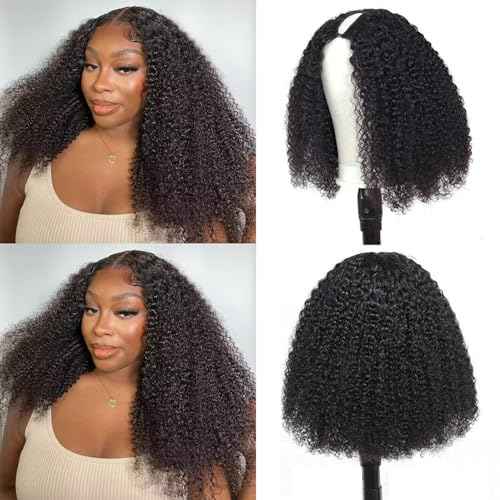 Afro Kinky Curly Human Hair Wigs Upgrade V Part Wigs With Drawstring,200% Density Wear And Go Glueless Wig Human Hair Full Head Clip Ins Half Wig(26 Inch,Natural Color)