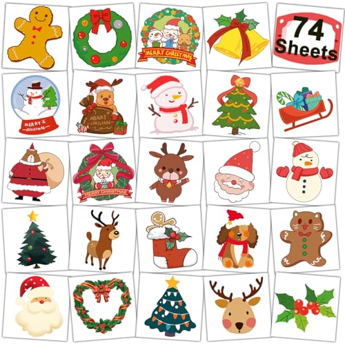 Christmas Temporary Tattoos for Kids - 74 Individually Sheets Santa Claus & Snowman Tattoos for Kids' Xmas Party Favors, Stocking Stuffer, Christmas Eve Gift