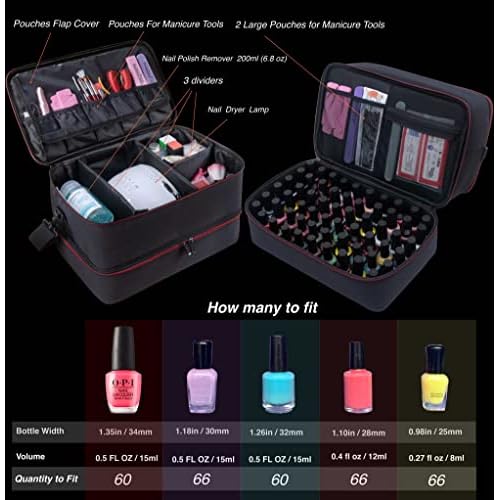 ButterFox Extra Large Nail Polish Organizer Case, Holds 60-66 Bottles and Nail Dryer Lamp, Large Nail Supplies and Accessories Storage Holder Bag (Black/Red)
