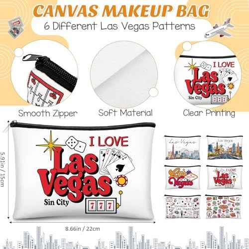 Reginary 6 Pcs City Cosmetic Bag Souvenir Gifts New York Zipper Pouch Chicago Souvenir Seattle Boston Nashville London Paris Italy Alaska Gifts Memento for Women Traveler(Las Vegas)