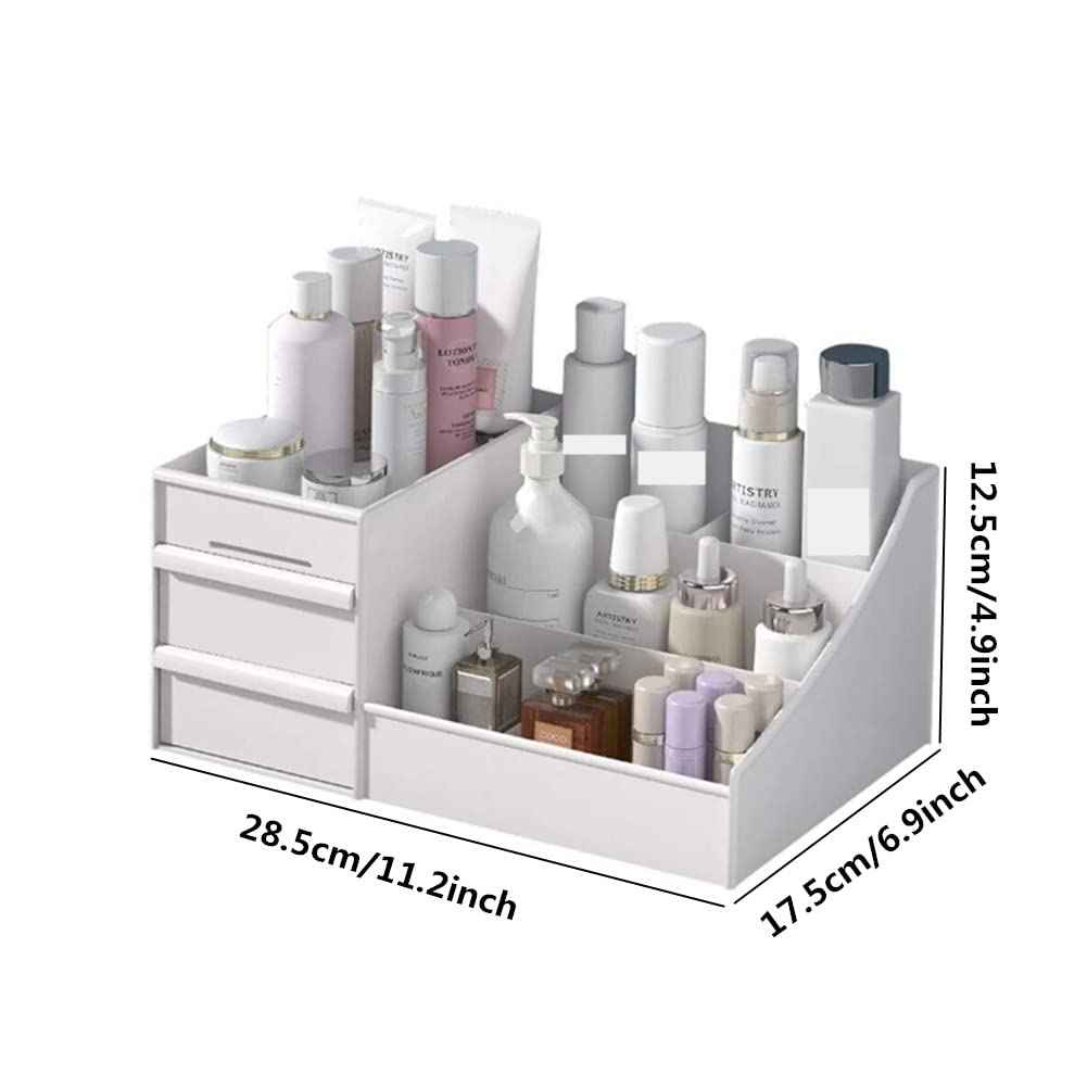 Jilukibo Large Capacity Makeup Organizer for Bathroom Bedroom, Cosmetic Storage Box with Drawers, Desktop Makeup Container for Jewelry Lipstick Skin Care (White)