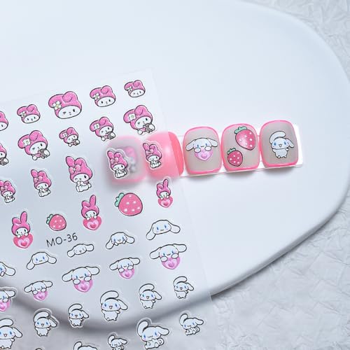 4 Sheets 5D Anime Cartoon Nail Stickers Cute Nail Art Stickers - Relief Flowers Rabbit Clouds Camellia Butterfly Wishing Bottle Nail Decals for Press on Nails Self Adhesive Decorations