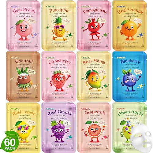 60 Pack Fruit Theme Face Mask for Kids, Easter Basket Stuffers, Sheet Hydrating Face Masks Skincare for Teens Women, Skin Care for Kids, Spa Party Supplies and Bulk Birthday Gifts for Girls