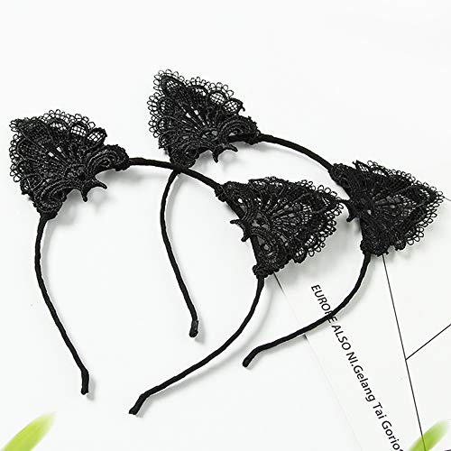 Cat Ears Headband Lace Cat Hairband Flower Christmas Hair Bands Women Girls Kids Hair Hoop Kitten Headdress Headwear Headpiece Party Decoration Cosplay Costume Cute Handmade Hair Accessories 2 Pack