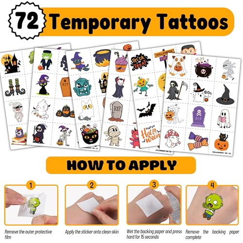 144PCS Halloween - 72 Temporary Pre-Cut Tattoos & 72 Slap Bracelets Halloween-Themed Birthday Supplies, Baby Shower Gifts, Classroom Rewards & Party Decor for Kids (Boys & Girls)