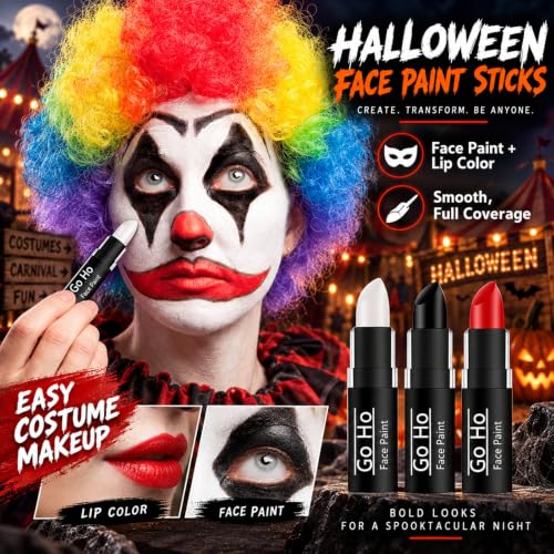 Go Ho 3 Pack Makeup Clown & Face Paint Sticks - White, Black, Red for Halloween & SFX