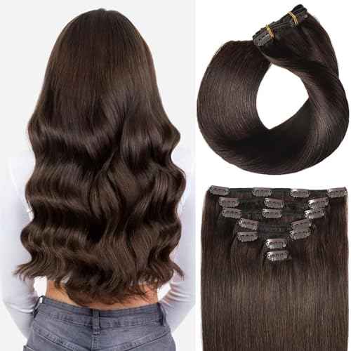 Savasana Clip in Hair Extensions Real Human Hair Straight 7 Pcs Hair Extensions Double Weft Thick Dark Brown 18 Inch 120g