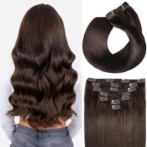 Savasana Clip in Hair Extensions Real Human Hair Straight 7 Pcs Hair Extensions Double Weft Thick Dark Brown 16 Inch 120g