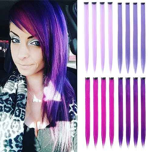 16Pcs Purple Colored Clip in Hair Extension Multi-colors Party Highlights Clip on Synthetic Hairpiece Halloween Cosplay Party Christmas Gift for Women Kids Girls 20inch (MIX Purple)
