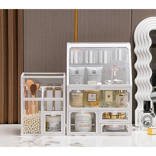 MOOCHI White 3 Pieces Makeup Organizers, glass, Skin Care Organizer, Drawers,Brush Organizer,Countertop Cosmetics Storage Display Case